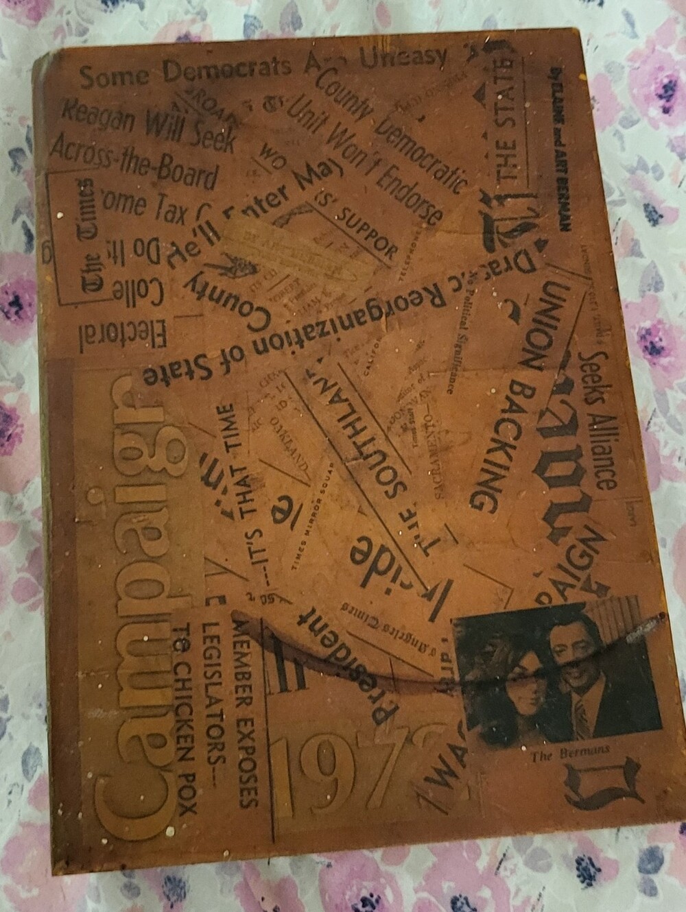 Vintage Wooden Book Box Decoupage Political Campaign 1970s Newspaper Art Stash B